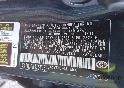 2015 Toyota Camry Le из США, поврежденный, VIN 4T4BF1FK4FR458861